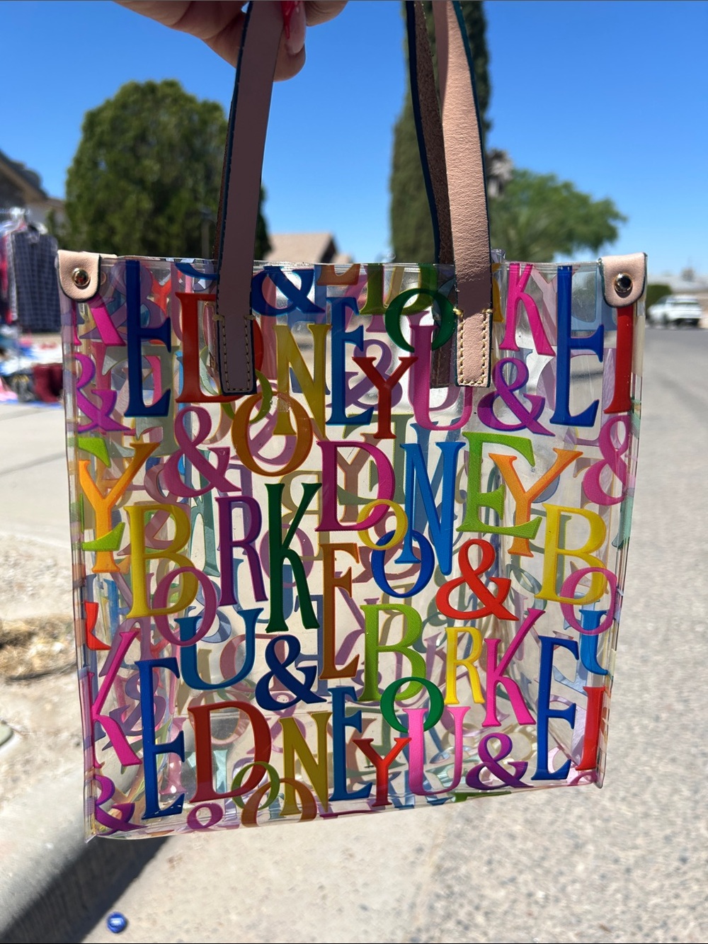 Dkny Clear Multicolor Logo Tote with Tan Handles